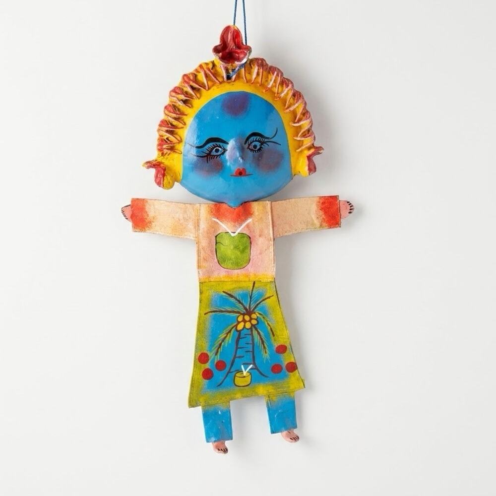 Vintage Coconut Canvas Doll Mexican Folk Art 17" Wall Hanging Hand Painted